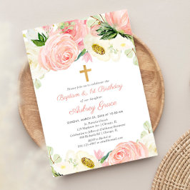  rosa, vit blommigt, baptism första födelsedag inbjudningar