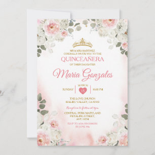 Rosa & vit Blommigt Quinceañera Guld Krona Mexiko Inbjudningar