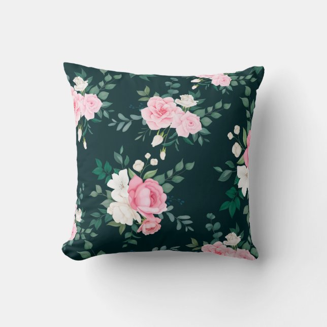 rosa,vit blommigt svart mark kudde (Framsida)