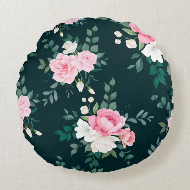 rosa,vit blommigt svart mark rund kudde (Framsidan)