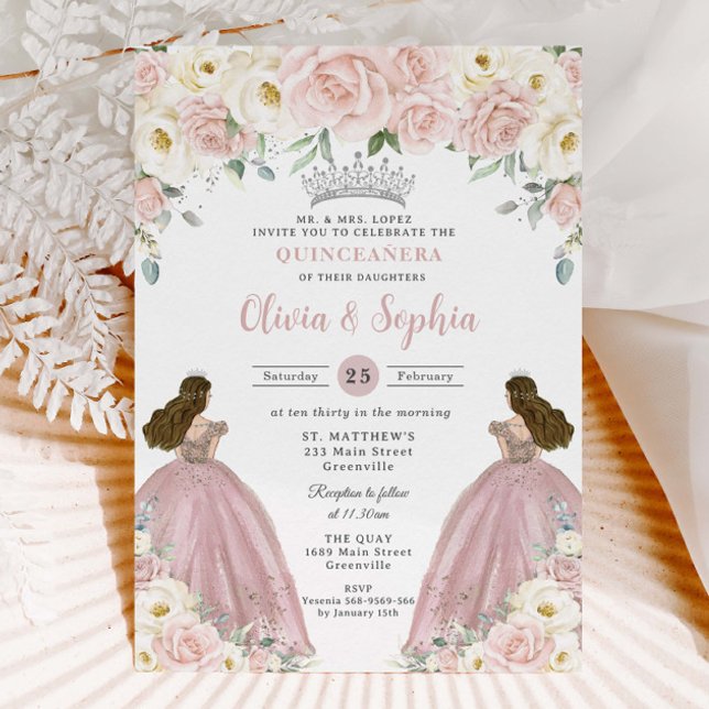  Rosa Vit Blommigt Twin Girls Quinceañera XV Inbjudningar (Skapare uppladdad)