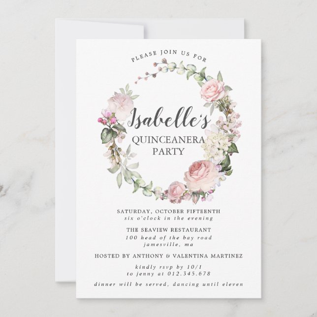 Rosa Vit Blommigt Utandning Quinceanera Inbjudningar (Framsida)