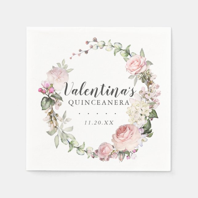 Rosa Vit Blommigt Utandning Quinceanera Pappersservett (Framsidan)