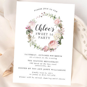 Rosa Vit Blommigt Utandning Sweet sixteen Party Inbjudningar