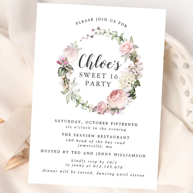 Rosa Vit Blommigt Utandning Sweet sixteen Party Inbjudningar (Skapare uppladdad)