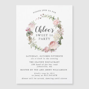 Rosa Vit Blommigt Utandning Sweet sixteen Party Magnetisk Inbjudningskort