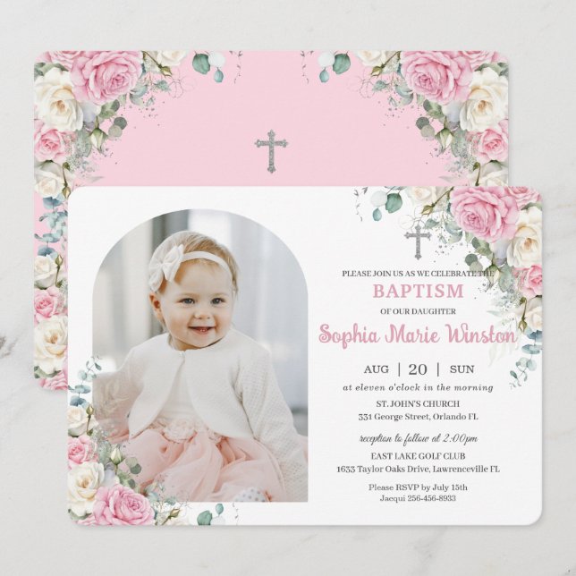 Rosa vit blomster Dop Dopförrättning Båge Foto Inbjudningar (Fram/baksida)