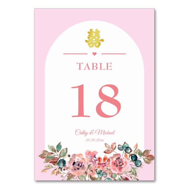 Rosa vit blomsterbåge kinesisk bröllopsdubbel xi bordsnummer (Framsidan)