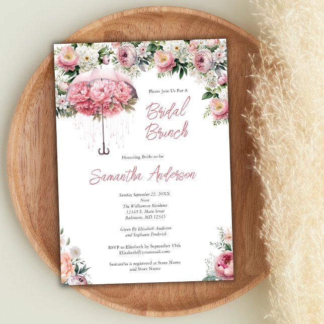 Rosa vit blomsterparaply Bröllopsdusch Brunch Inbjudningar (Pink White Watercolor Floral Umbrella Bridal Brunch Shower Invitation)