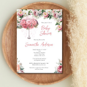 Rosa vit blomsterparaply flicka baby shower inbjudningar