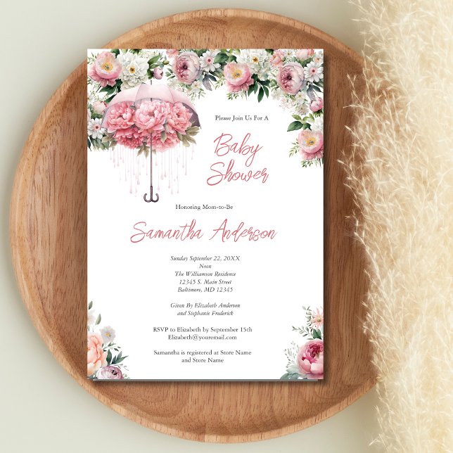 Rosa vit blomsterparaply flicka baby shower inbjudningar (Pink White Floral Umbrella Baby Shower for Baby Girl Invitation)