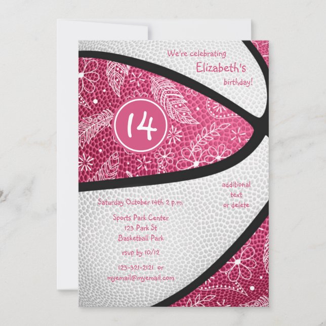 rosa vit blomsterritad basketbollscelebration inbjudningar (Framsida)