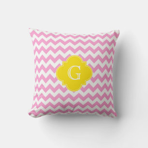 Rosa Vit Chevron Sicksack Gul Fyrklöver Monogram Kudde