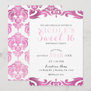 Rosa & Vit Damask Chic Elegant Sweet 16-fest Inbjudningar