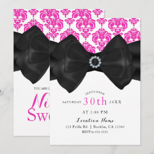 Rosa & Vit Damask Svart Band Glam Söt 16 Födelseda Inbjudningar