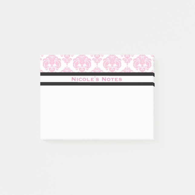 Rosa & Vit Damaskmönster Modern Personlig Post-it Block (Framsida)