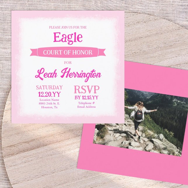 Rosa & Vit Eagle Court of Honor-fest Inbjudningar (Pink eagle scout court of honor photo invitation with decorative banner ribbon, square announcement)