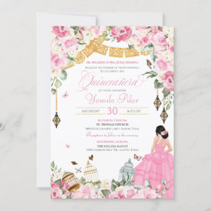 Rosa Vit Elegant Blommigt Butterfly Quinceanera 1 Inbjudningar