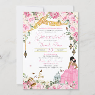 Rosa Vit Elegant Blommigt Butterfly Quinceanera 2 Inbjudningar