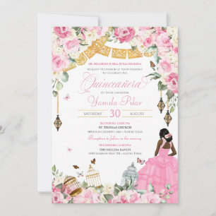Rosa Vit Elegant Blommigt Butterfly Quinceanera 5 Inbjudningar