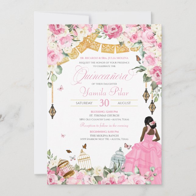 Rosa Vit Elegant Blommigt Butterfly Quinceanera 5 Inbjudningar (Framsida)
