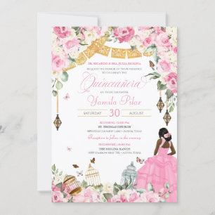 Rosa Vit Elegant Blommigt Butterfly Quinceanera 5 Inbjudningar