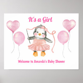 Rosa Vit en flicka Babydusch Penguin Välkommen Poster