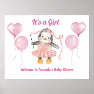 Rosa Vit en flicka Babydusch Penguin Välkommen Poster