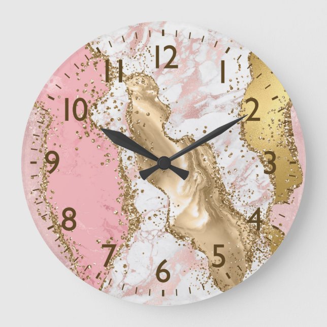 Rosa & Vit & Falskt Guld Glitter Agat Monogram Stor Klocka (Framsida)