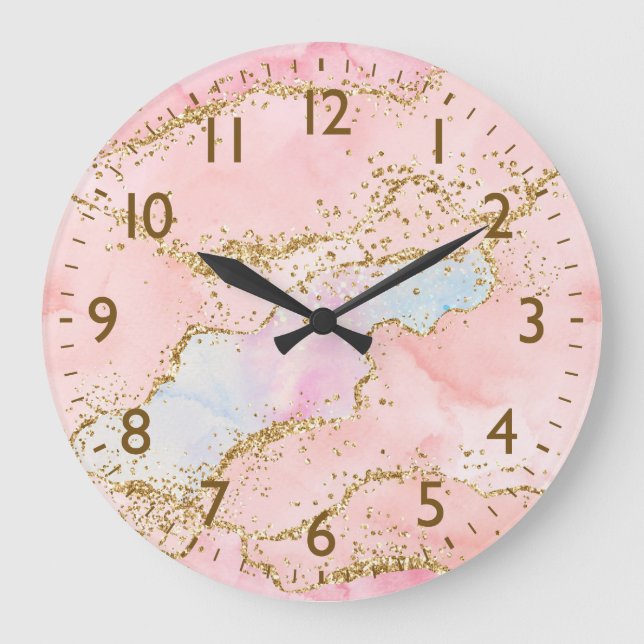 Rosa & Vit & Falskt Guld Glitter Agat Monogram Stor Klocka (Framsida)