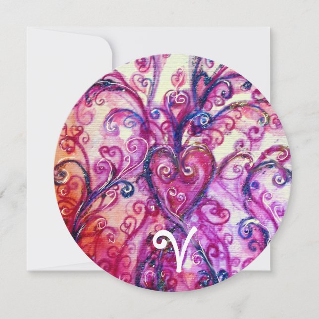 Rosa vit finurlig hjärtlig blommig monogram inbjudningar (Framsida)