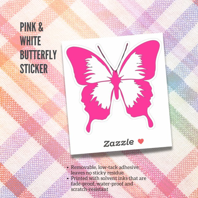Rosa & vit fjärilsetikett klistermärken (Pink & White Butterfly Sticker)