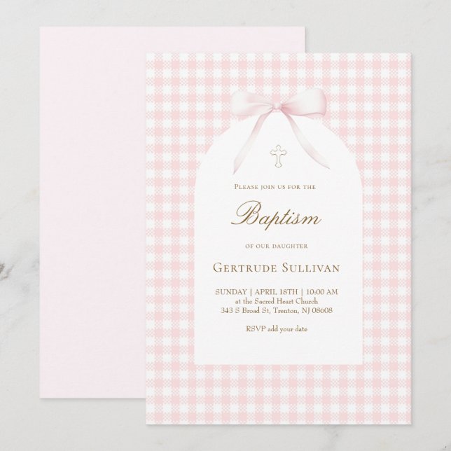 rosa vit gingham dopflicka inbjudningar (Fram/baksida)