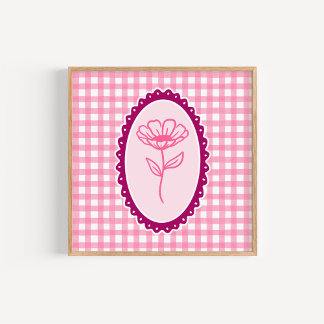 Rosa & Vit Gingham & Ram Floral Konst Poster