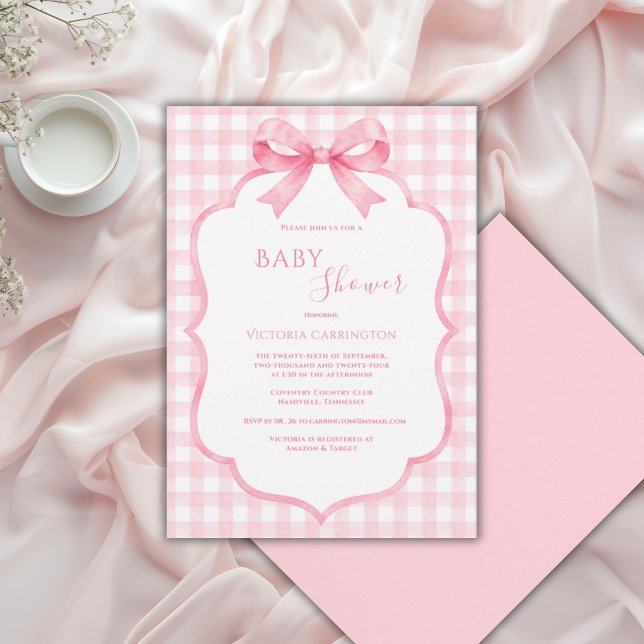 Rosa vit Gingham Whimsical Baby Shower Inbjudningar (Skapare uppladdad)