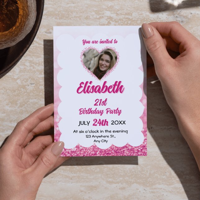 Rosa & vit Glitter 15:e födelsemodellfoto Inbjudningar (Pink & White Glitter 15th Birthday Photo Invitations - Festive & Feminine Quinceañera/Sweet 15 Party)