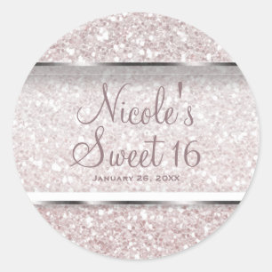 Rosa vit glitter glam söt 16-årsfest present runt klistermärke