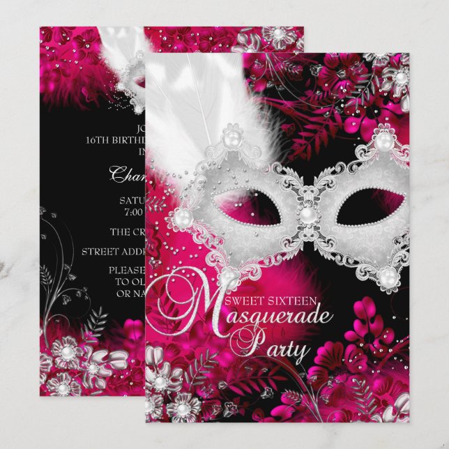 Rosa & Vit glittrande Maskerad Sweet 16 Inbjudningar (Fram/baksida)