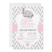 Rosa, vit Grått Elephant 🐘 Baby Shower