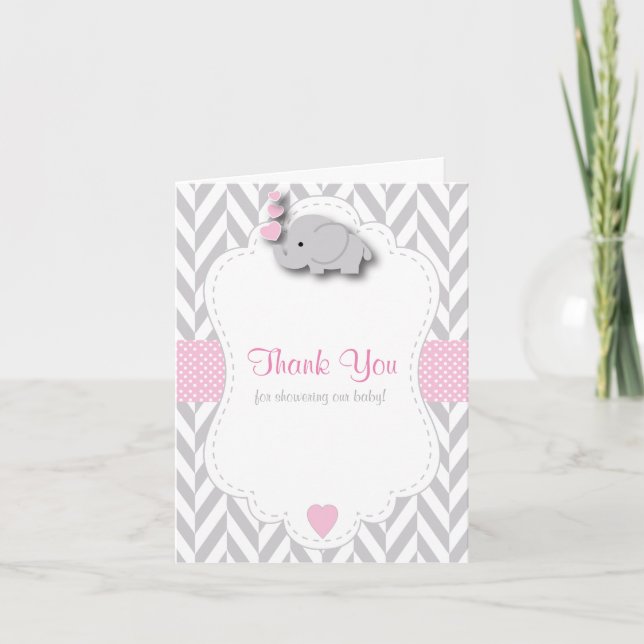 Rosa, vit Grått Elephant 🐘 Baby Shower Tack Kort (Framsida)