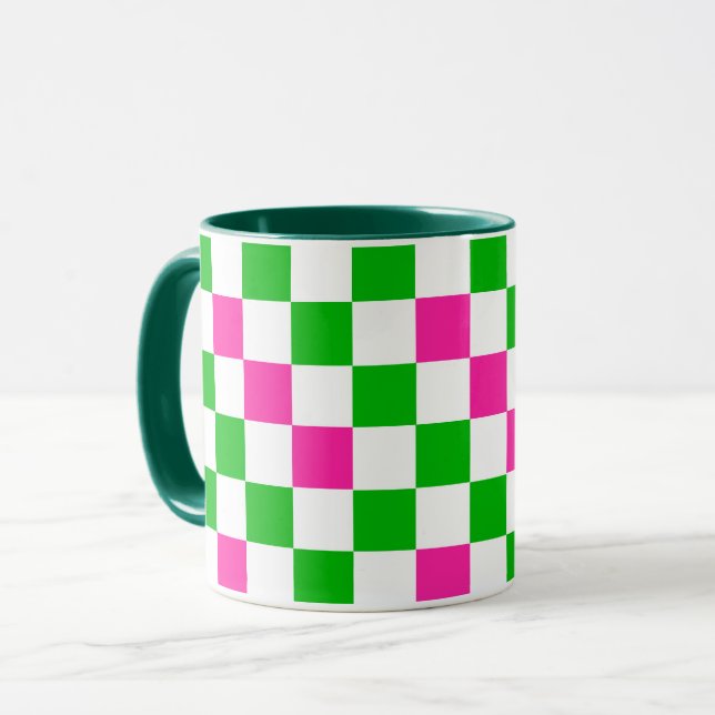 Rosa Vit Grön Rutig Design  Mugg (Framsida vänster)