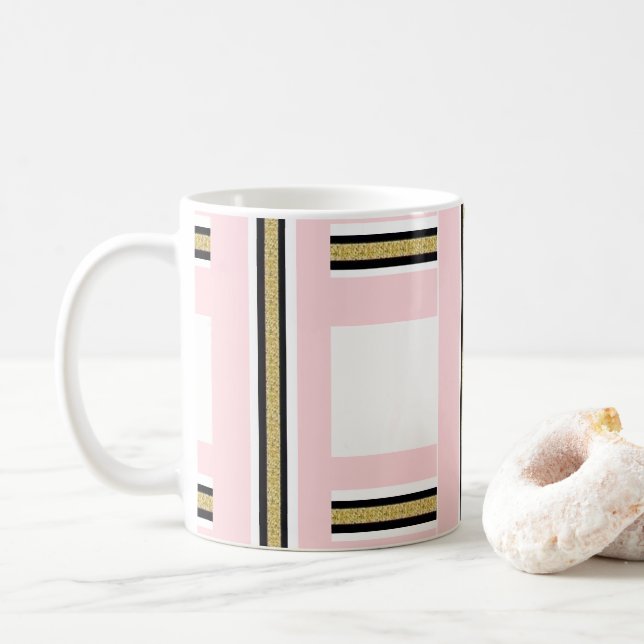 Rosa & Vit Guld Svart Rand Mugg (Med munk)