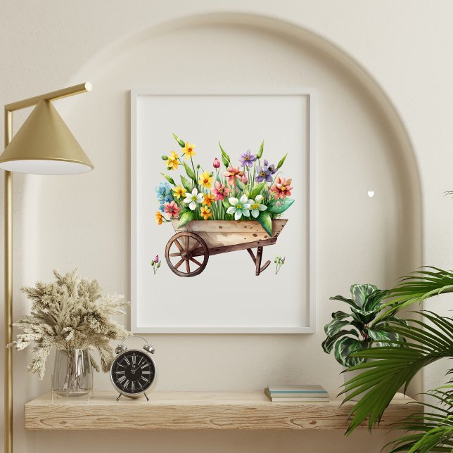 Rosa Vit Gult Lila blommor i hjulfat Poster (Yellow White Daffodils Flowers in a Wheel Barrel Wall Art. Digtial Download or Printed)