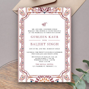Rosa vit Ikat Anand Karaj Sikh-högtid Inbjudningar