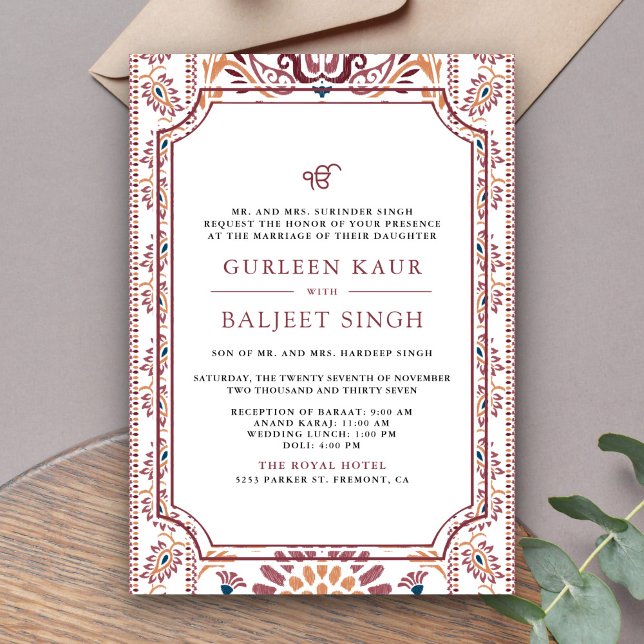 Rosa vit Ikat Anand Karaj Sikh-högtid Inbjudningar (Skapare uppladdad)