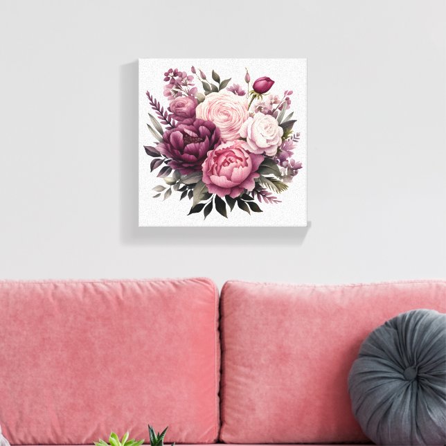 Rosa Vit Lila Ros Pionbuskar Blommig Blomma  Canvastryck (Insitu (Vardagsrum))
