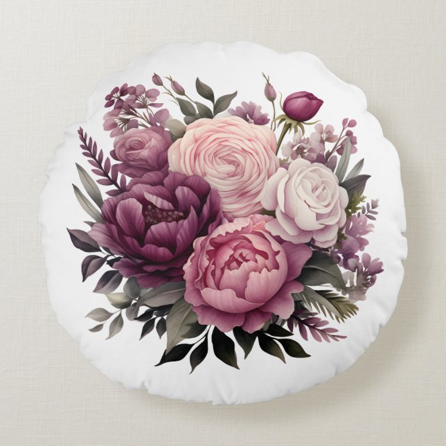 Rosa Vit Lila Ros Pionbuskar Blommig Blomma  Rund Kudde (Framsidan)
