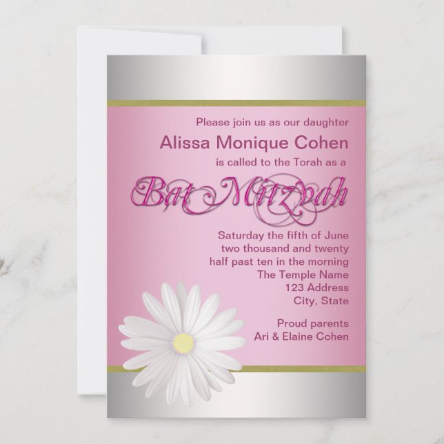 Rosa Vit Marguerit Fladdermus Bar/ Bat Mitzvah-inb Inbjudningar (Framsida)