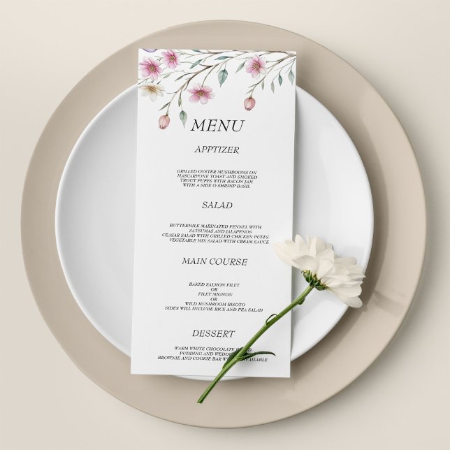 Rosa vit mint lila vårblomma Bröllopsmeny Program (Pink white mint lilac spring flower Wedding Menu)