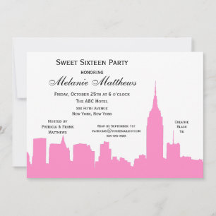 Rosa vit NYC Siluett av Skyline Sweet Sixteen Inbjudningar